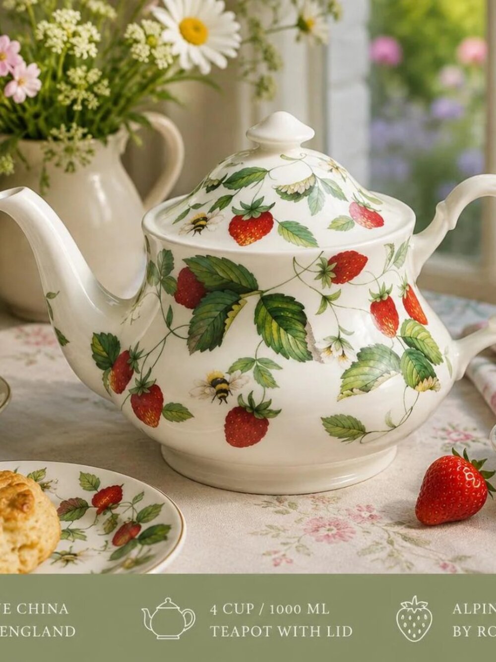 Roy Kirkham Alpine Strawberry Teapot | Fine Bone China | Made in England | New